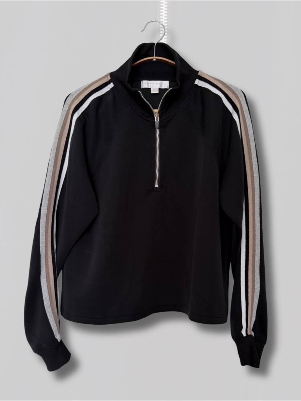 Spiritual Gangster Black Half-Zip Pullover with Tan and White Stripes
